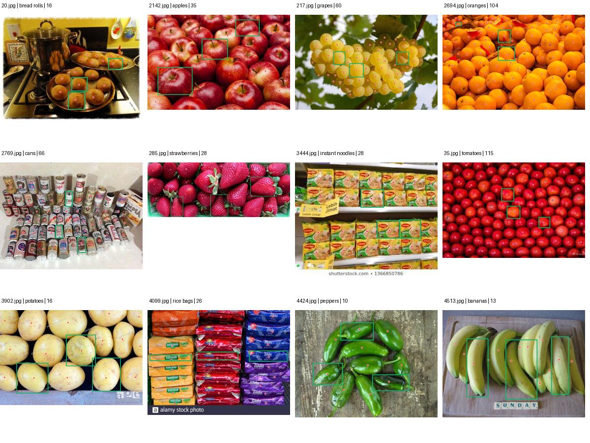Twelve FSC147 grocery photographs with published target points in red and supplied exemplar boxes in green.